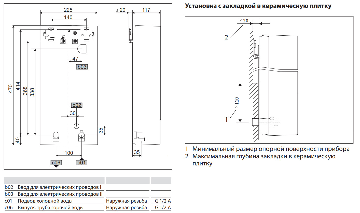 Подключение воды размеры